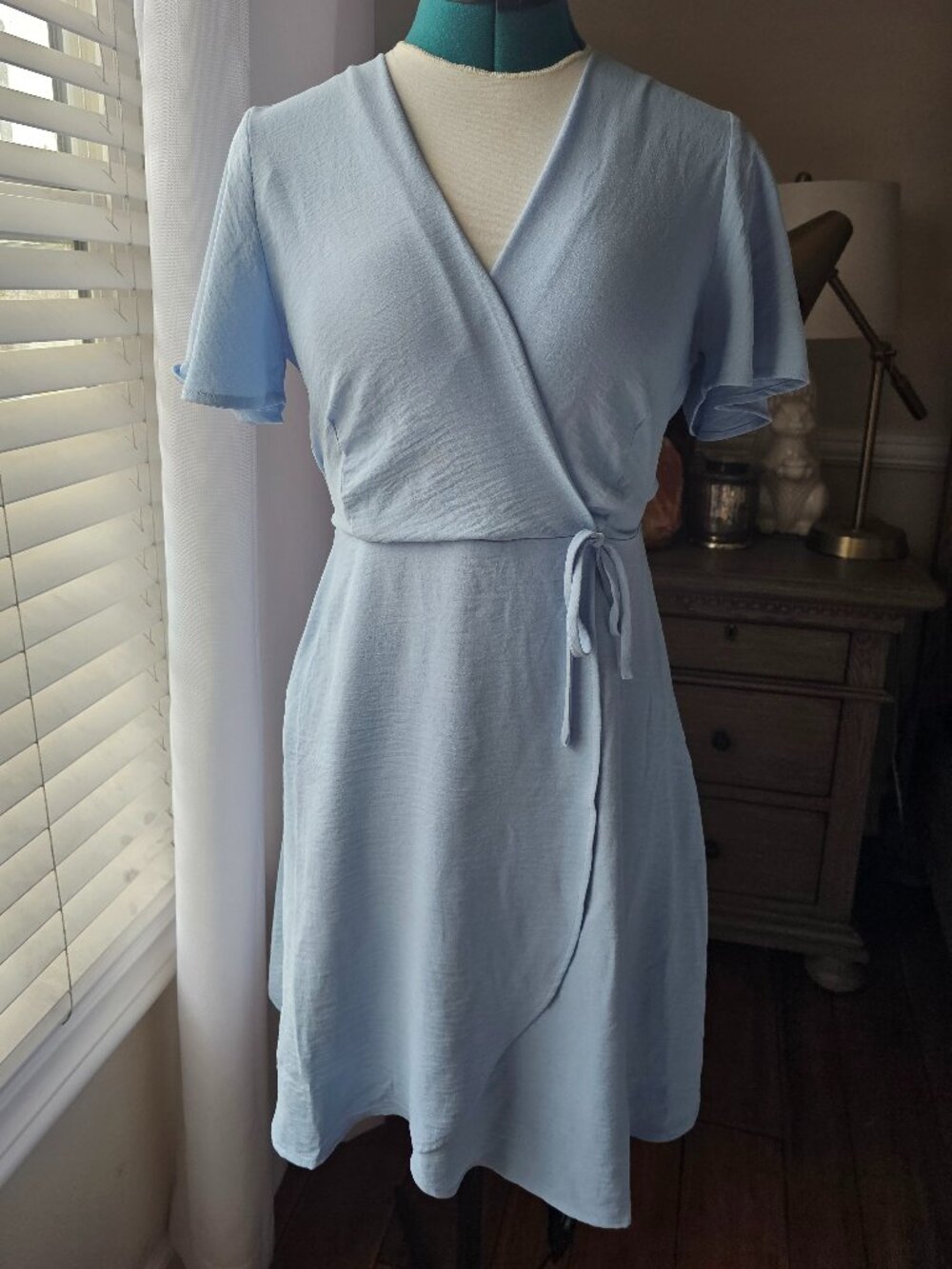 Powder blue faux wrap dress